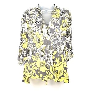 Floral Long Button Tab Sleeves V Neck Blouse